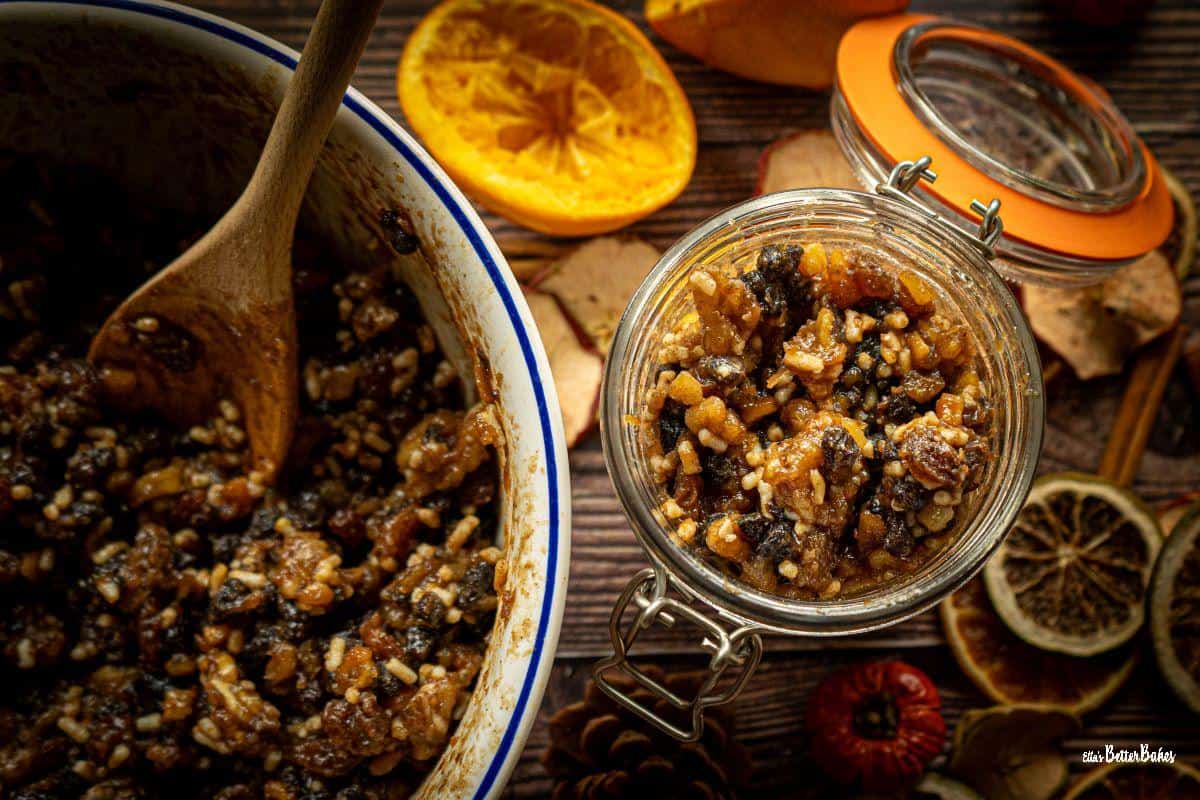walnut and whisky mincemeat in a bowl and in a jar