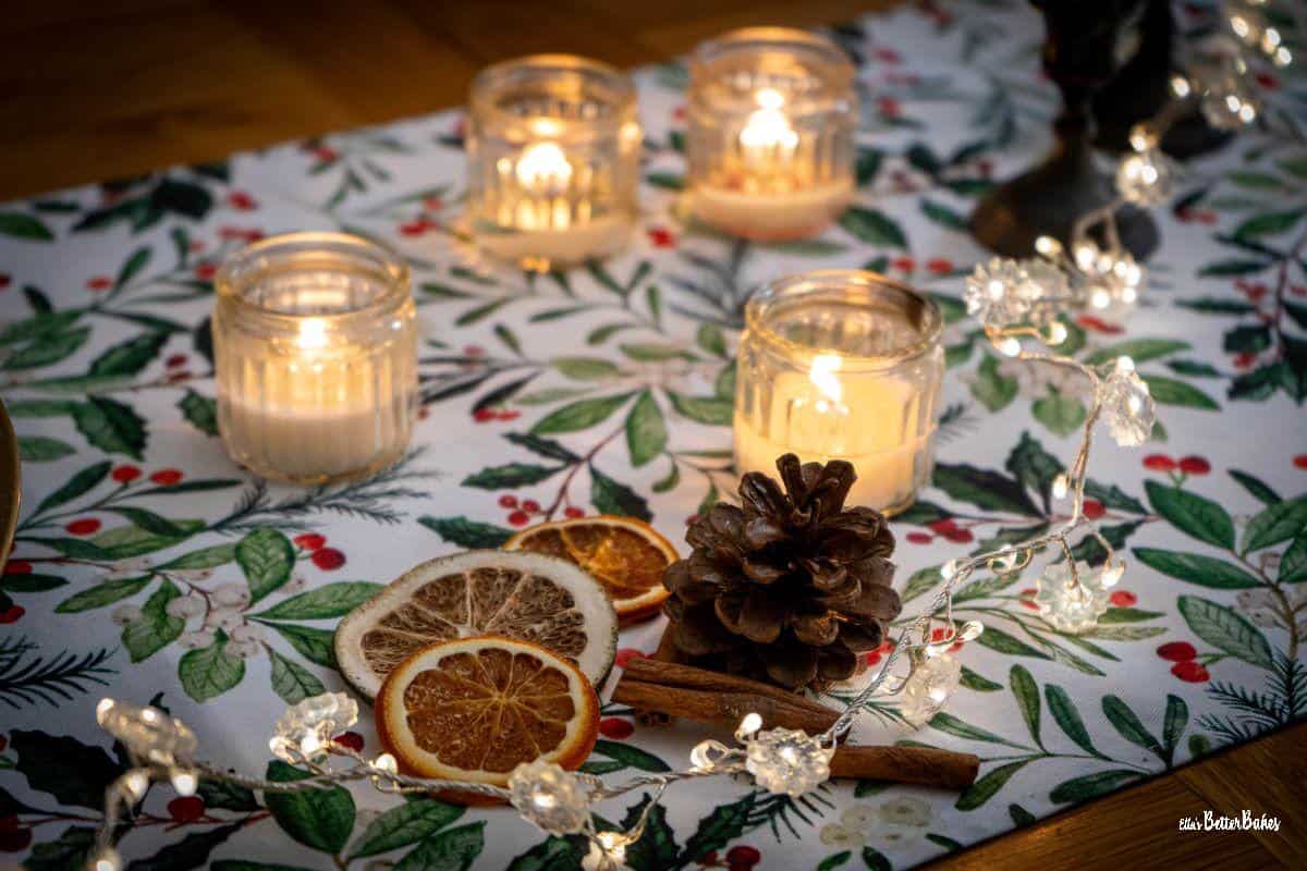 Table runner with lights and dried fruits