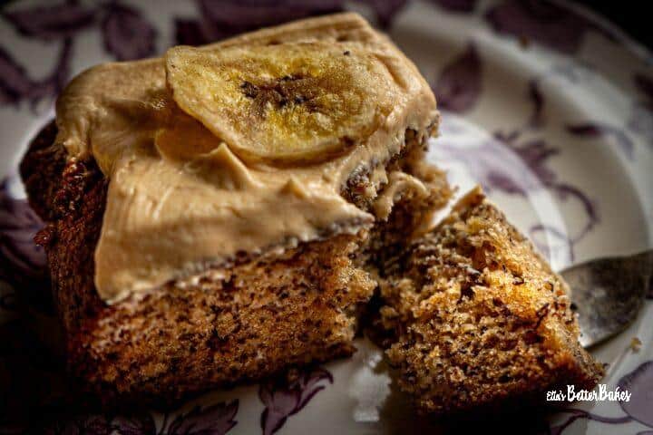 close up of a slice of banana traybake