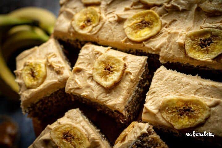 slices of banana cake on a cake stand