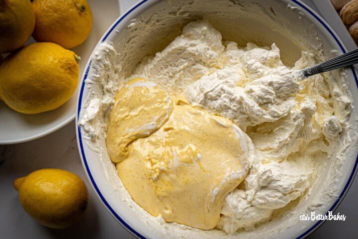 talian custard added to mixed mascarpone and double cream