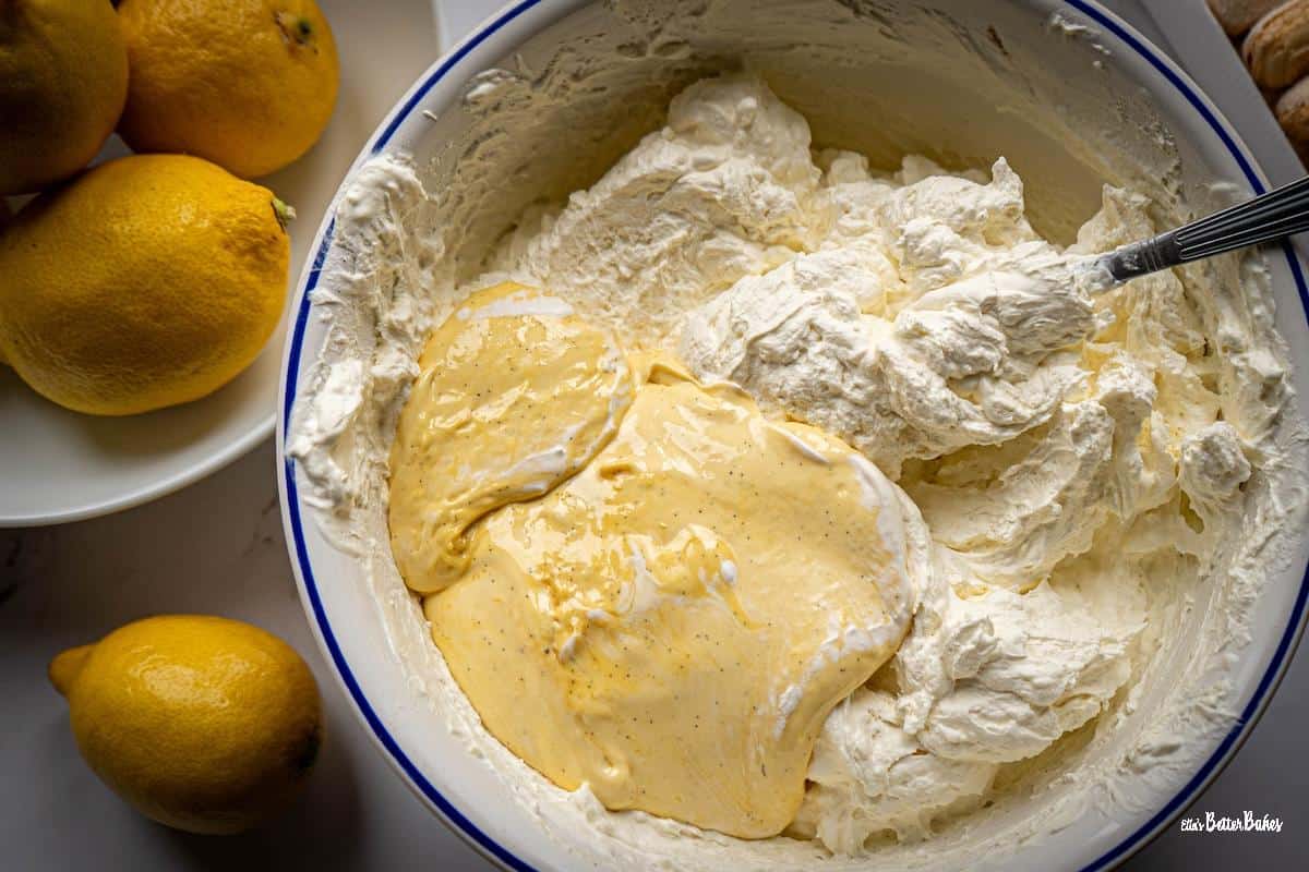 talian custard added to mixed mascarpone and double cream
