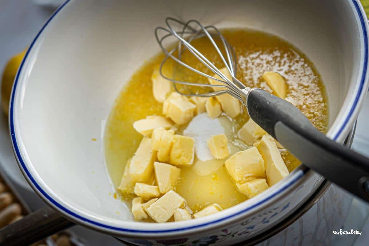butter, lemon juice and zest in a bowl for lemon curd