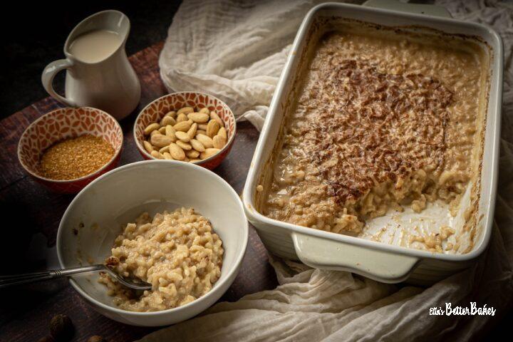 almond milk rice pudding next to a bowl of pudding