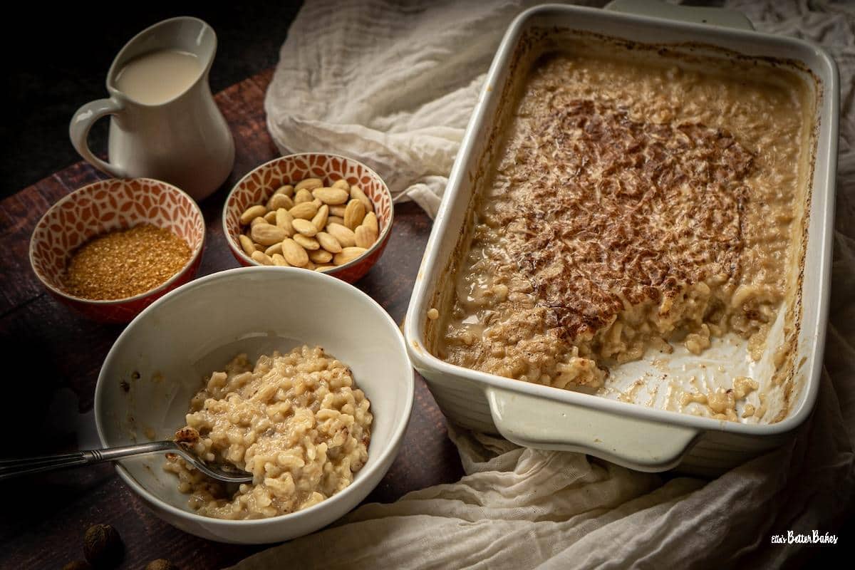 almond milk rice pudding next to a bowl of pudding