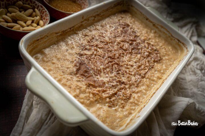baked almond milk rice pudding on slant