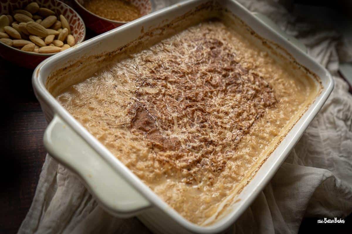 baked almond milk rice pudding on slant