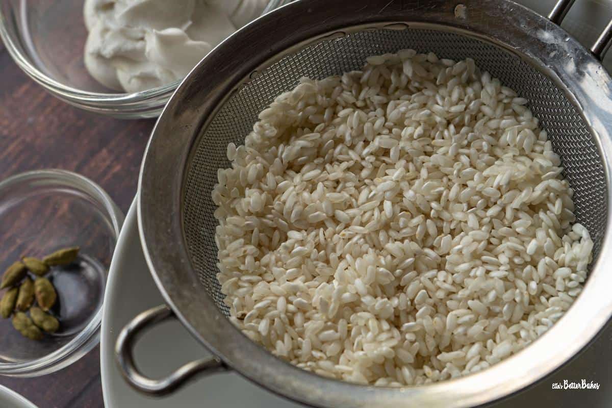 rice rinsed in sieve