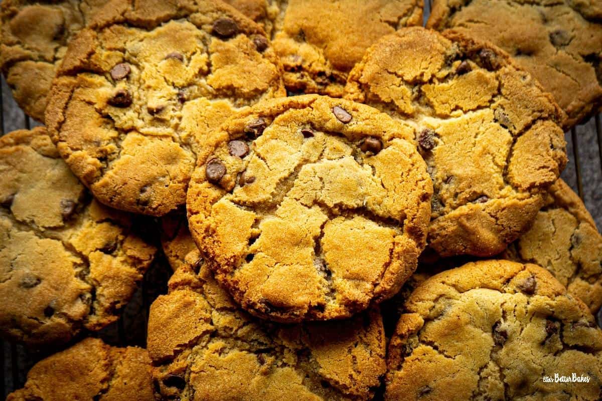 chocolate chip cookies stacked