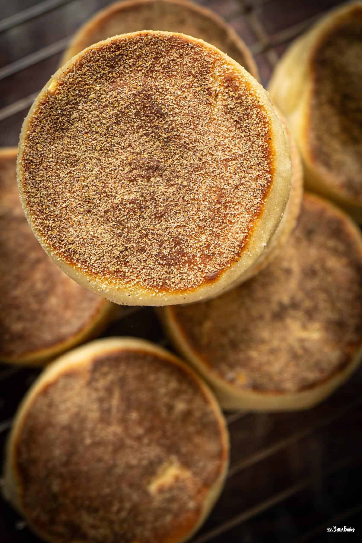 close up of sourdough muffins portrait size