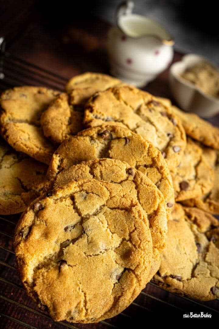 portrait picture of a pile fo best chocolate chip cookies