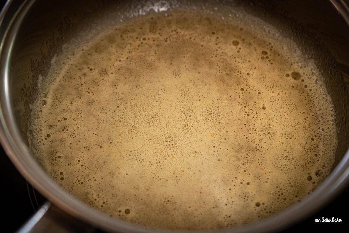 third stage of browning butter - very frothy and brown underneath