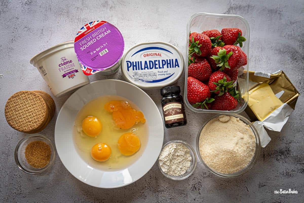 ingredients for roasted strawberry cheesecakes