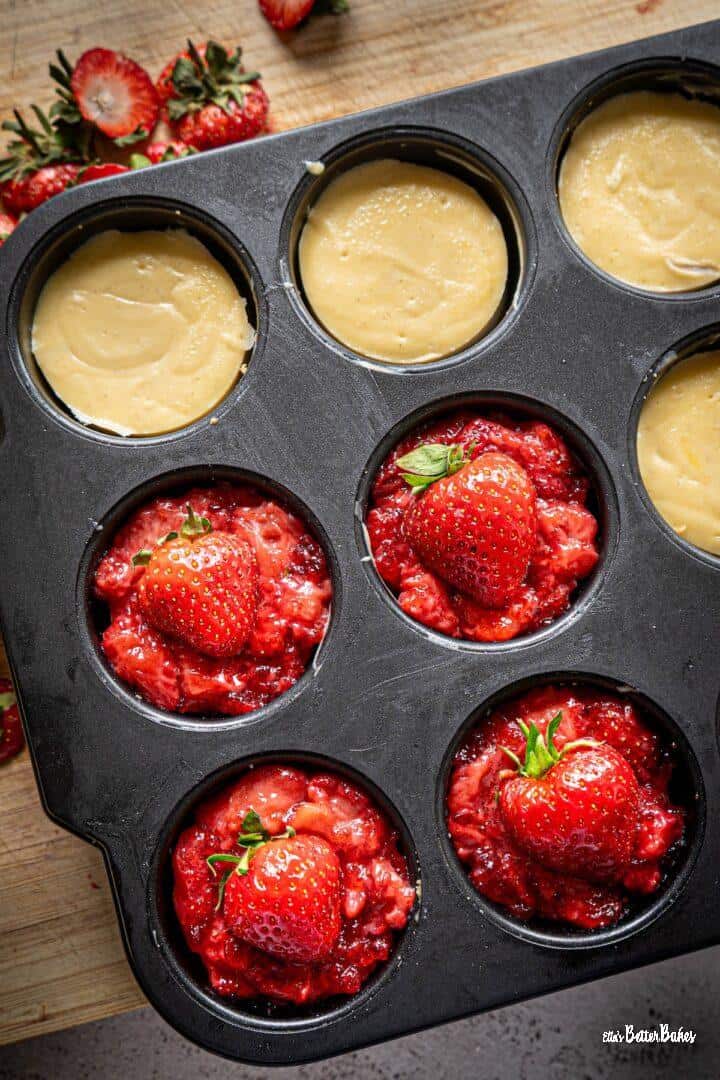 portrait size of mini cheesecakes with roasted strawberries added
