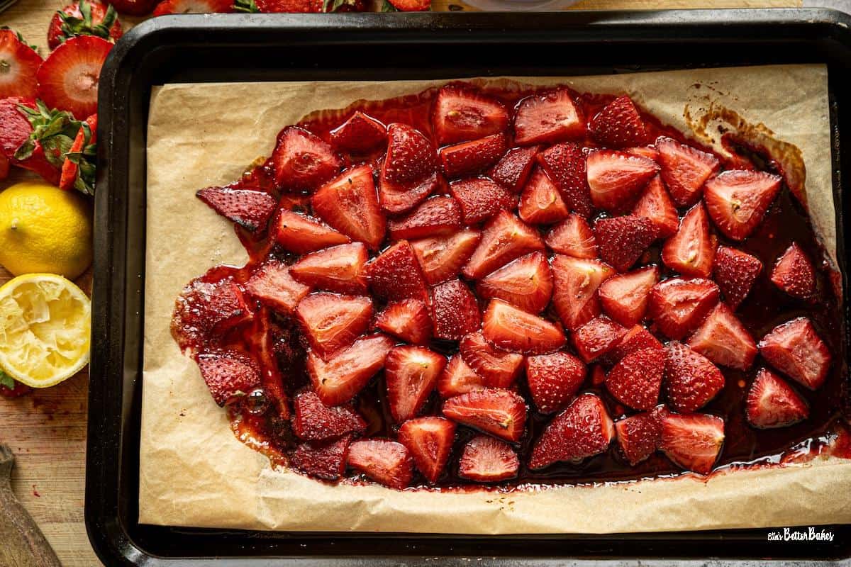 roasted strawberries o a baking sheet