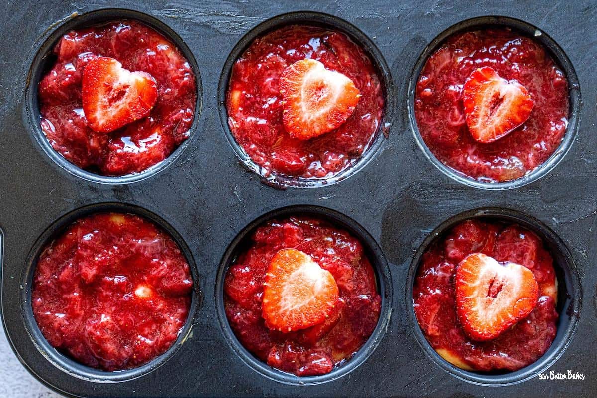 roasted strawberry filling placed on the top of cheesecakes