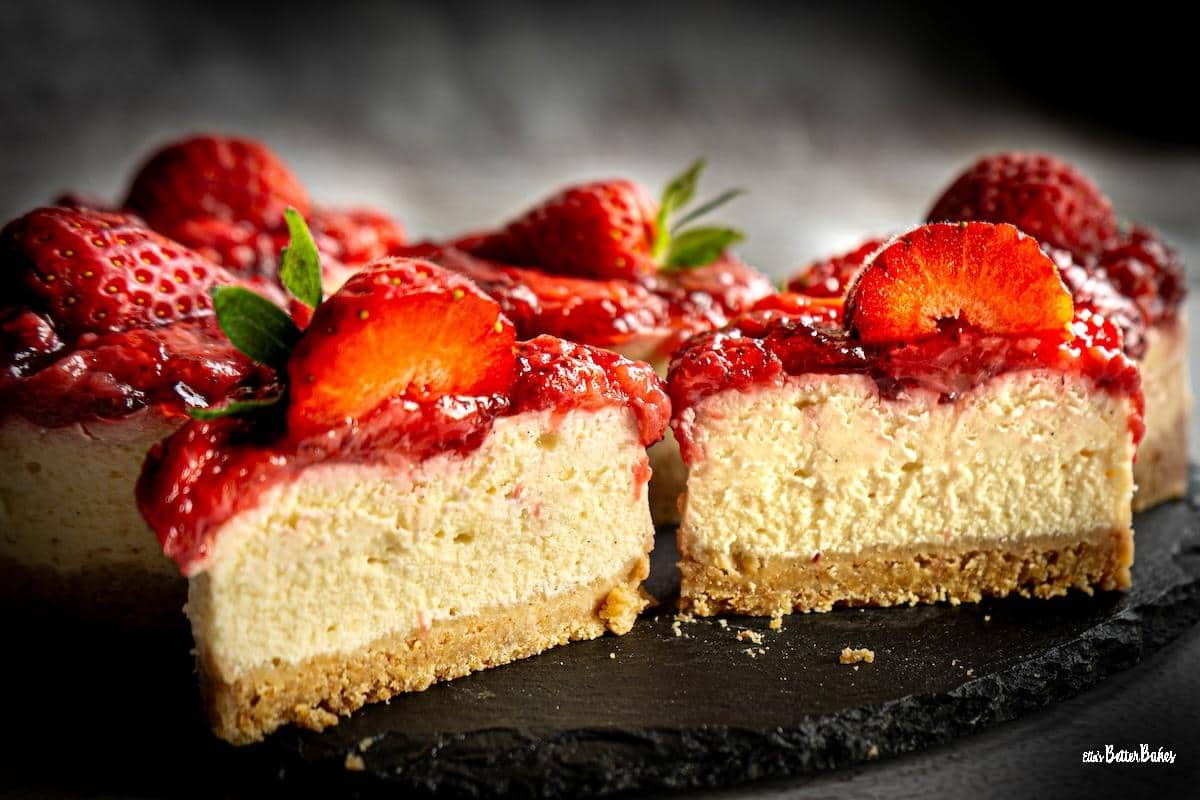roasted strawberry mini cheesecake cut in half