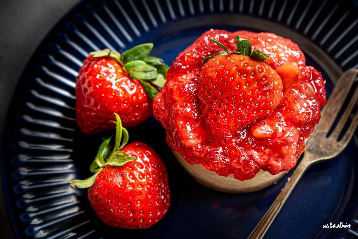 top shot of close up of a roasted strawberry cheesecake