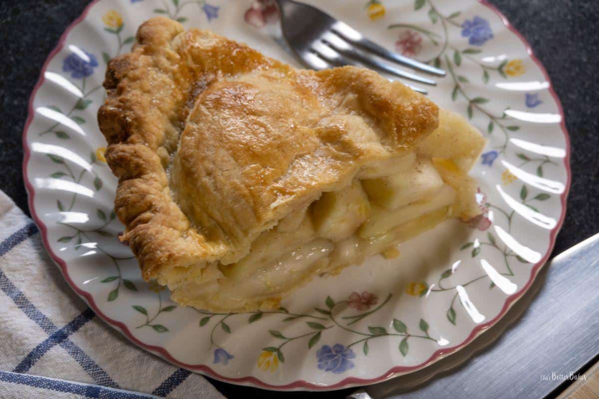 slice of apple pie on plate 