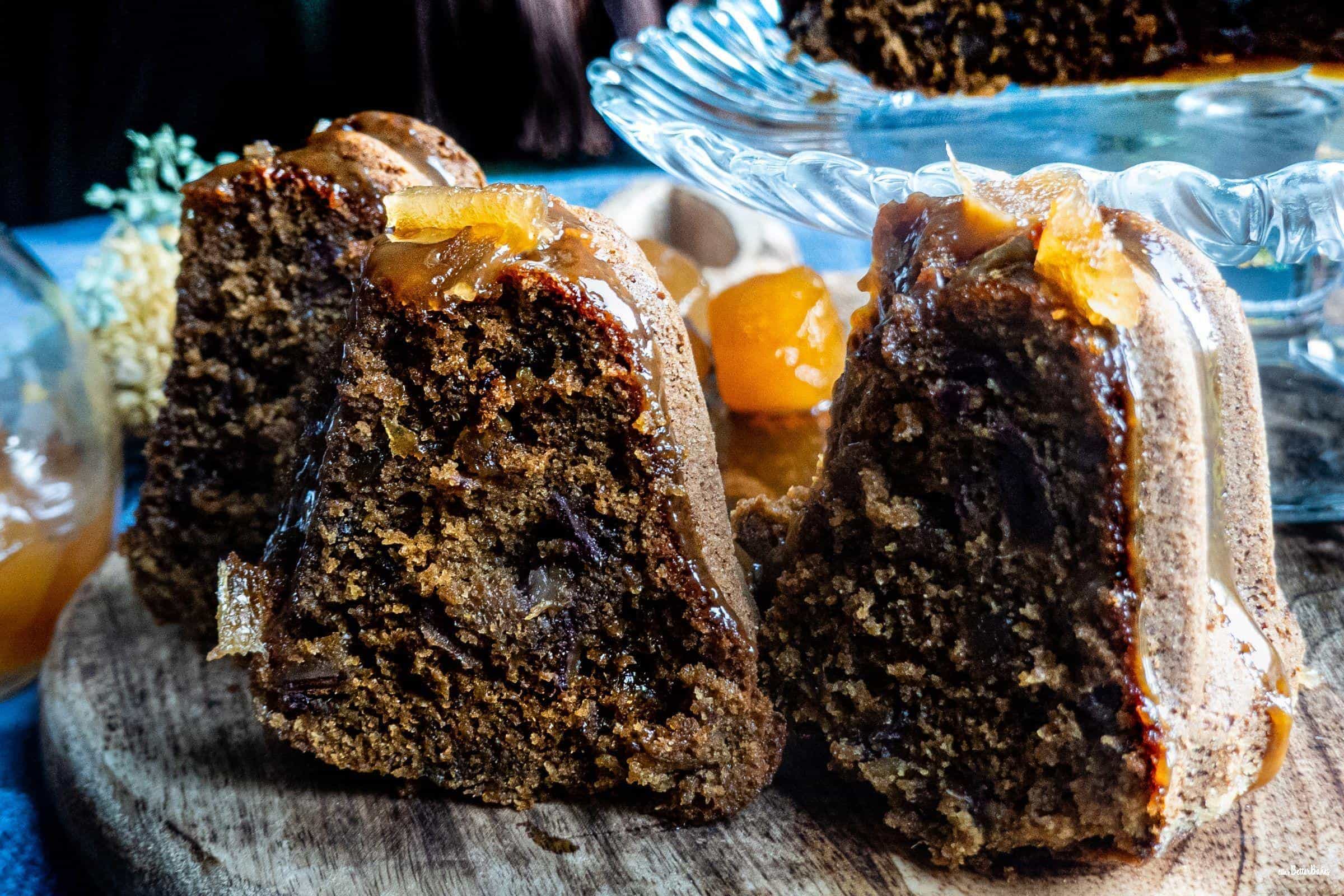 close up of slices of sticky toffee and ginger pudding - sticky toffee and ginger pudding on a plate