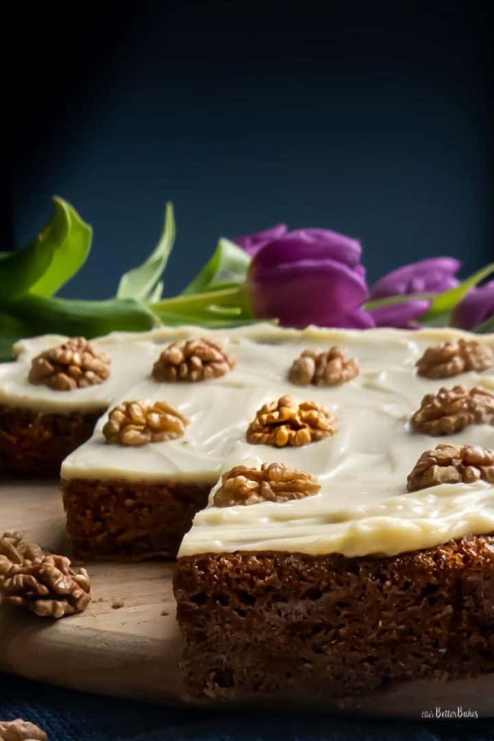 easy carrot cake - 800x1200 with flowers at back