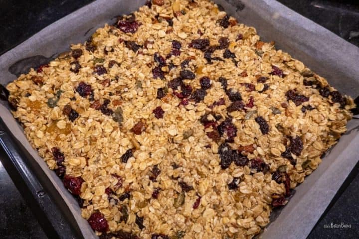 flapjack mixture in tin  ready to bake 